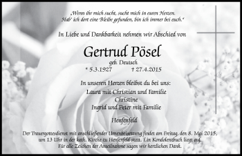 Traueranzeige von Gertrud Pösel von Hersbrucker Zeitung