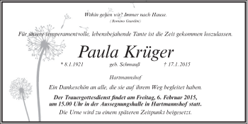 Traueranzeige von Paula Krüger von Hersbrucker Zeitung