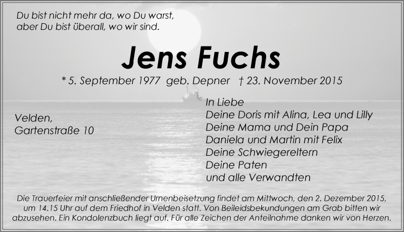  Traueranzeige für Jens Fuchs vom 28.11.2015 aus Hersbrucker Zeitung