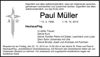 Traueranzeige von Paul Müller von Hersbrucker Zeitung