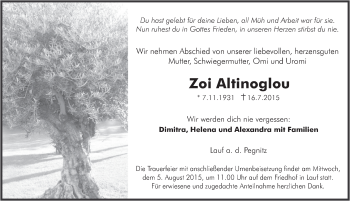 Traueranzeige von Zoi Altinoglou von Pegnitz-Zeitung