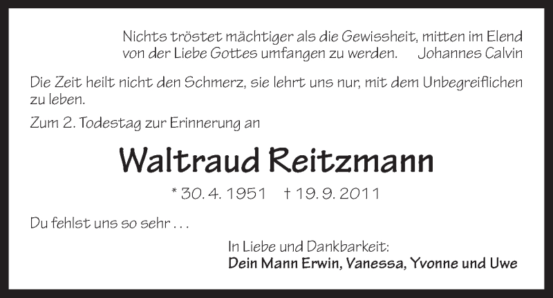  Traueranzeige für Waltraud Reitzmann vom 19.09.2013 aus Der Bote