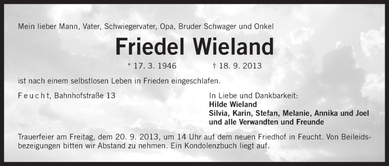  Traueranzeige für Friedel Wieland vom 19.09.2013 aus Der Bote