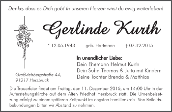 Traueranzeige von Gerlinde Kurth von Hersbrucker Zeitung
