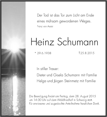Traueranzeige von Heinz Schumann von Pegnitz-Zeitung