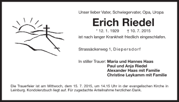 Traueranzeige von Erich Riedel von Der Bote