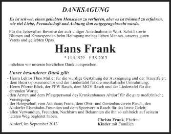 Traueranzeige von Hans Frank von Der Bote