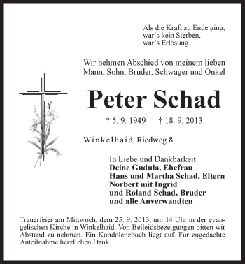 Traueranzeige von Peter Schad von Der Bote