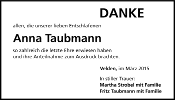 Traueranzeige von Anna Taubmann von Hersbrucker Zeitung