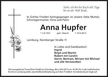 Traueranzeige von Anna Hupfer von Der Bote