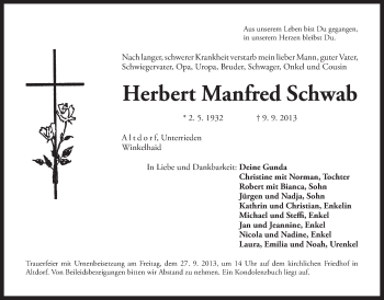 Traueranzeige von Herbert Manfred Schwab von Der Bote