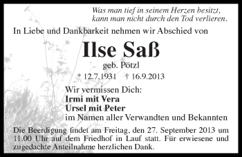 Traueranzeige von Ilse Saß von Der Bote