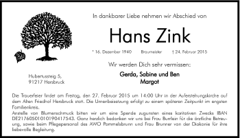 Traueranzeige von Hans Zink von Hersbrucker Zeitung