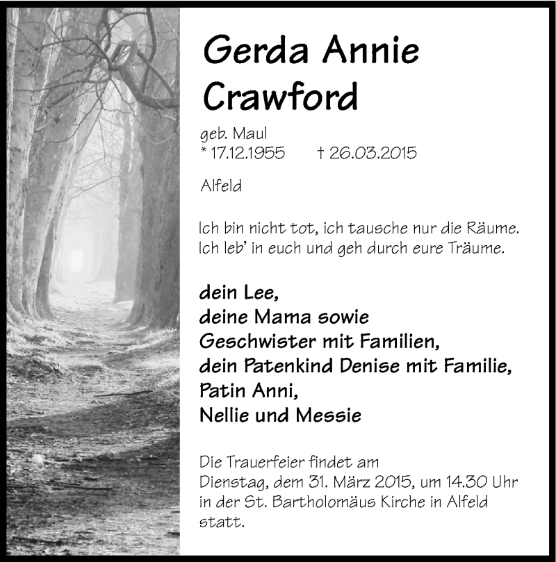  Traueranzeige für Gerda Anni Crawford vom 30.03.2015 aus Hersbrucker Zeitung