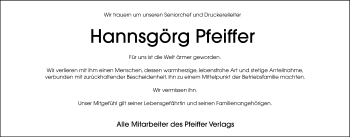 Traueranzeige von Hannsgörg Pfeiffer von Hersbrucker Zeitung