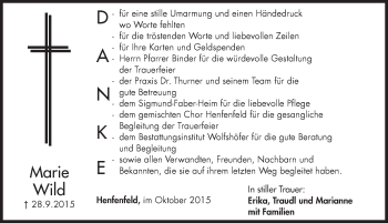 Traueranzeige von Marie Wild von Hersbrucker Zeitung