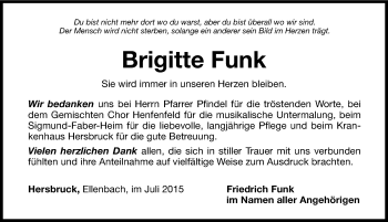 Traueranzeige von Brigitte Funk von Hersbrucker Zeitung