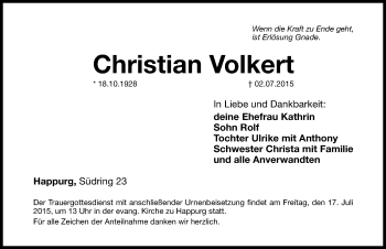 Traueranzeige von Christian Volkert von Hersbrucker Zeitung
