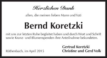 Traueranzeige von Bernd Koretzki von Pegnitz-Zeitung