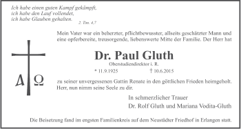 Traueranzeige von Paul Gluth von Hersbrucker Zeitung