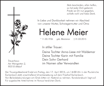 Traueranzeige von Helene Meier von Hersbrucker Zeitung