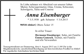 Traueranzeige von Anna Eisenburger von Der Bote
