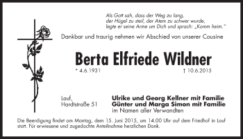 Traueranzeige von Berta Elfriede Wildner von Pegnitz-Zeitung