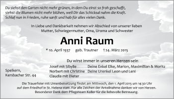 Traueranzeige von Anni Raum von Pegnitz-Zeitung