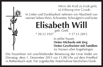 Traueranzeige von Elisabeth Will von Pegnitz-Zeitung