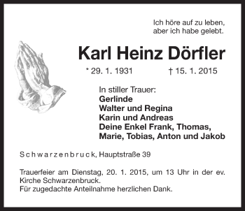 Traueranzeige von Karl Heinz Dörfler von Der Bote
