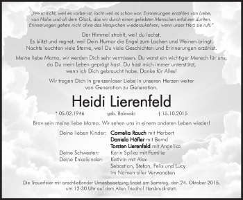 Traueranzeige von Heidi Lierenfeld von Hersbrucker Zeitung