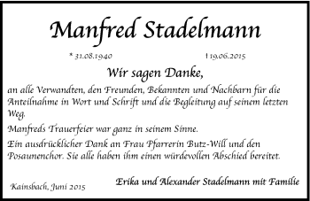 Traueranzeige von Manfred Stadelmann von Hersbrucker Zeitung