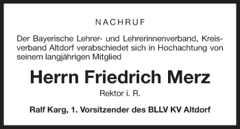 Traueranzeige von Friedrich Merz von Der Bote