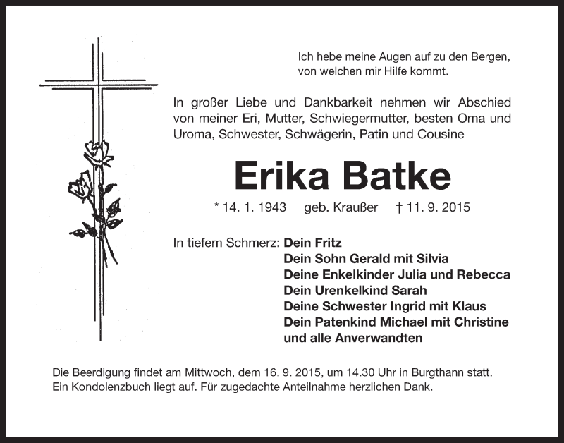  Traueranzeige für Erika Batke vom 14.09.2015 aus Der Bote