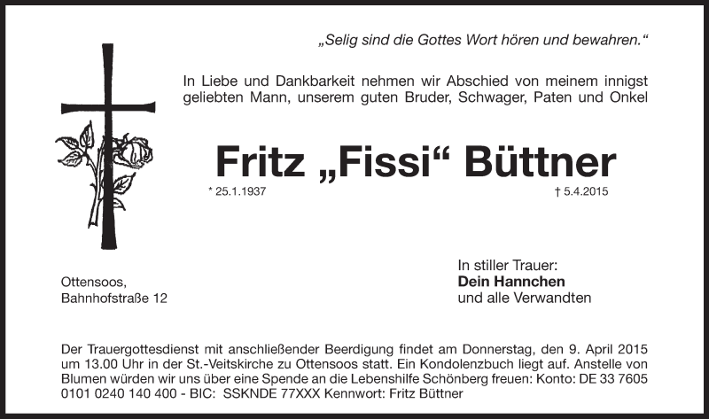  Traueranzeige für Fritz Büttner vom 07.04.2015 aus Pegnitz-Zeitung