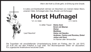 Traueranzeige von Horst Hufnagel von Pegnitz-Zeitung