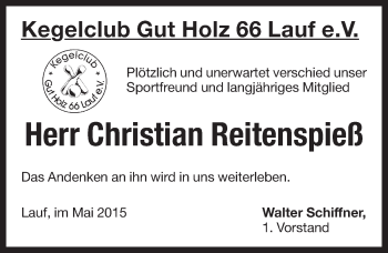 Traueranzeige von Christian Reitenspieß von Pegnitz-Zeitung