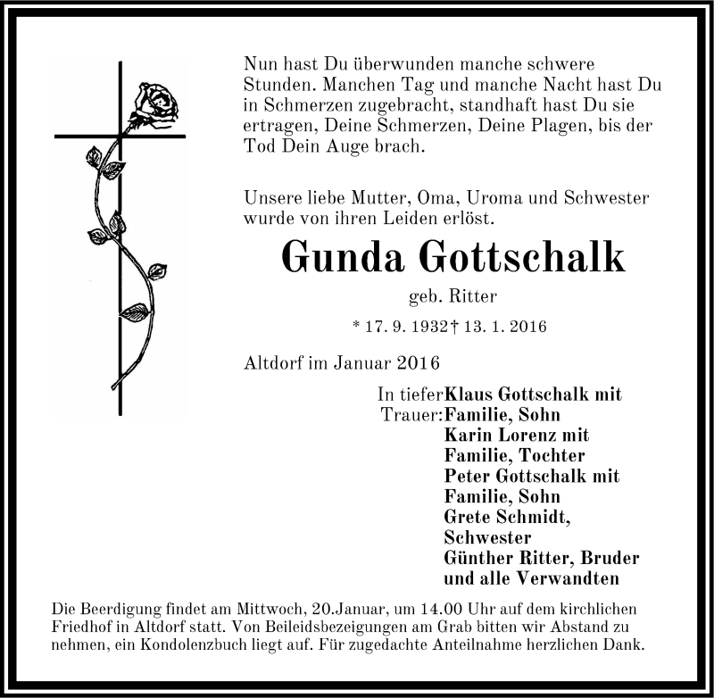  Traueranzeige für Gunda Gottschalk vom 18.01.2016 aus Der Bote