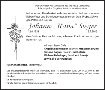 Traueranzeige von Johann Steger von Hersbrucker Zeitung