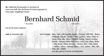 Traueranzeige von Bernhard Schmid von Pegnitz-Zeitung