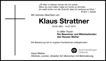 Traueranzeige von Klaus Strattner von Hersbrucker Zeitung