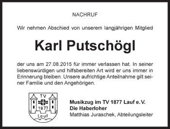 Traueranzeige von Karl Putschögl von Pegnitz-Zeitung