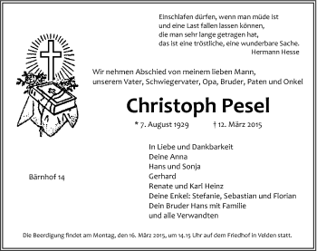 Traueranzeige von Christoph Pesel von Hersbrucker Zeitung