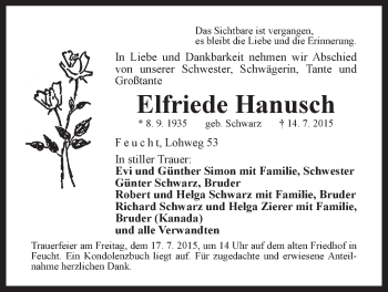 Traueranzeige von Elfriede Hanusch von Der Bote