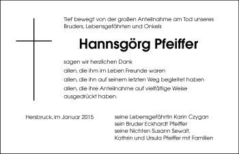 Traueranzeige von Hannsgörg Pfeiffer von Hersbrucker Zeitung