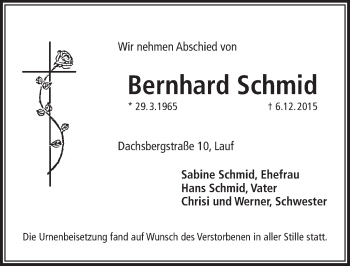 Traueranzeige von Bernhard Schmid von Pegnitz-Zeitung
