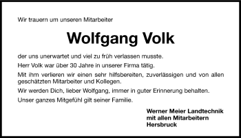 Traueranzeige von Wolfgang Volk von Hersbrucker Zeitung