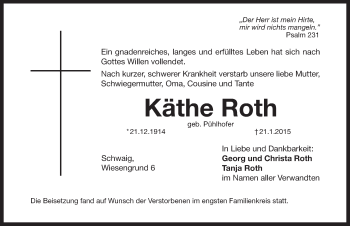 Traueranzeige von Käthe Roth von Pegnitz-Zeitung