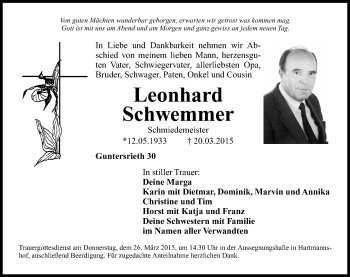 Traueranzeige von Leonhard Schwemmer von Hersbrucker Zeitung