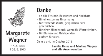 Traueranzeige von Margarete Wagner von Der Bote
